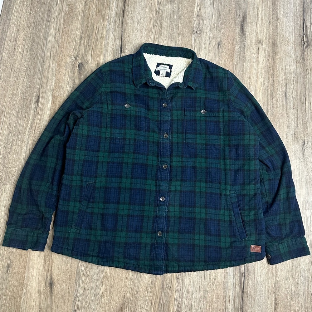 LL Bean Sherpa Lined Flannel Over Coat Plaid Logo Green Navy